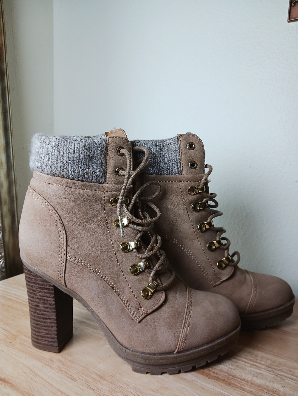 Charlotte Russe Taupe Knit-Cuff Lace-Up Block Heel Boots